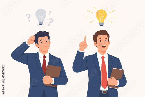 Vector illustration of two businessmen; one is confused with question marks and an unlit bulb, while the other has a bright idea with a glowing light bulb, representing creativity and insight.