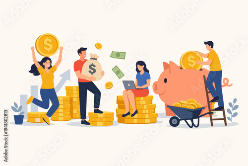 People Earning and Saving Money Flat Vector Illustration. Diverse Characters Investing, Working, and Growing Wealth with Coins, Money Bags, and a Piggy Bank for Financial Success and Growth.