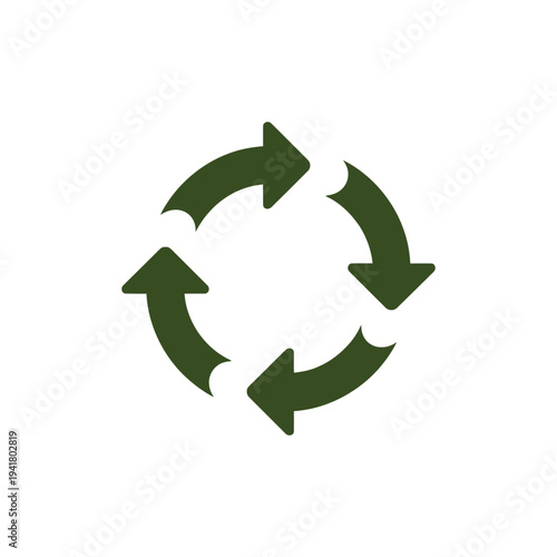 A circular arrangement of dark green arrows depicting a recycling process