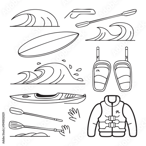 Black and white of kayaking and paddleboarding equipment and accessories