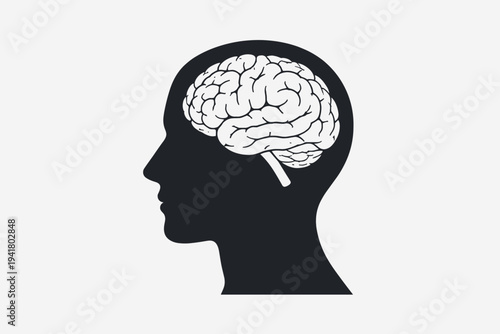 Human Head Silhouette with Brain Illustration, Profile View of a Person's Mind, Concept for Mental Health, Psychology, Neurology, Intelligence, and Anatomy, Flat Vector Design Isolated on White