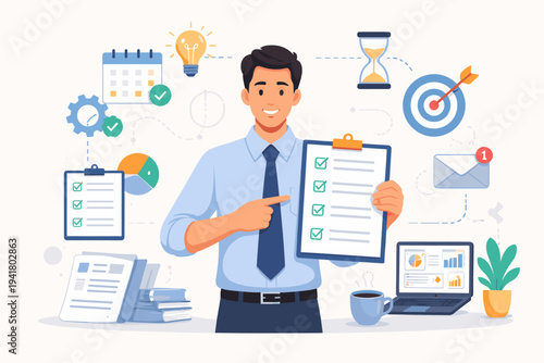 Businessman Holding Checklist with Green Checkmarks for Task Management and Productivity. Concept of Time Management, Goal Setting, and Efficient Workflow with Business Icons. Flat Illustration.