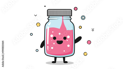 Smiling glass jar character filled with pink bubbly liquid on an abstract background of colorful circles and dots.