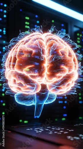 Glowing neural brain hologram above laptop keyboard data center . holographic brain projection over server rack, futuristic neural data stream