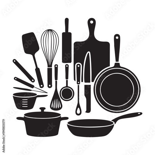 Black and white of various kitchen utensils and cookware