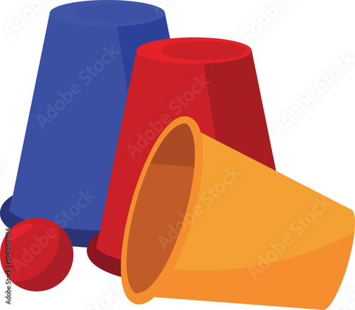 Three cups with ball magic illusion stuff, shell game, focus trick, circus show equipment, vector flat magician props