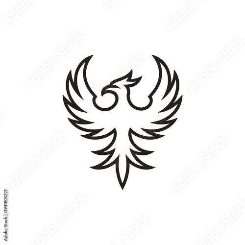 A stylized black and white illustration of a phoenix rising with spread wings
