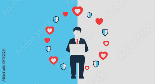Man using laptop surrounded by hearts and shields a digital silhouette