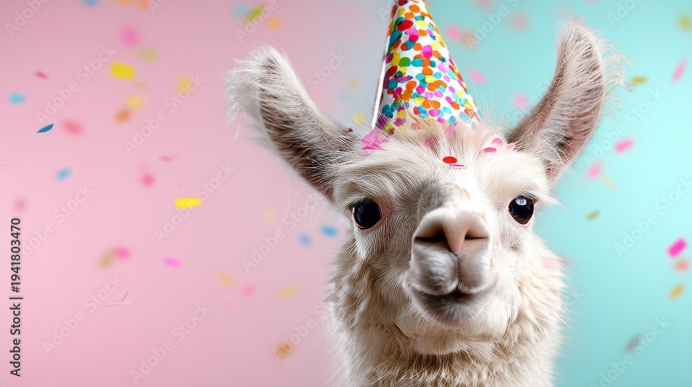 Naklejka premium Adorable Birthday Celebration with a Llama Wearing Colorful Party Hat