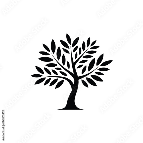 A simple black silhouette of a leafy tree with a thick trunk