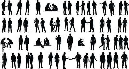 People silhouettes collection, men and women standing talking and interacting poses, social communication figures isolated on white background illustration set
