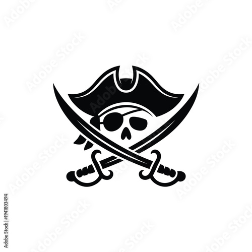 A black silhouette depicting a pirate s hat and crossed swords with a skull
