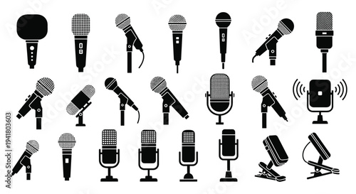 A collection of various microphones on a white background