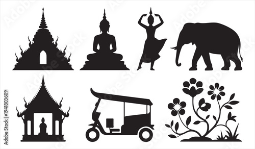 Thai cultural symbols silhouette set traditional dancer temple and elephant icons