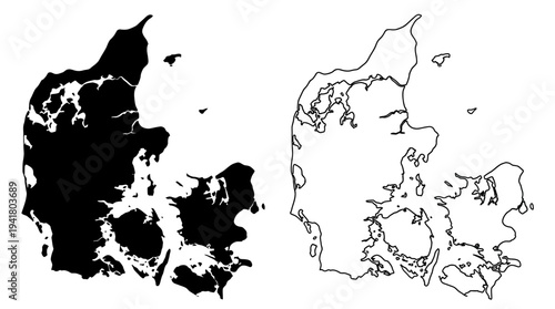 Map of Denmark Silhouette and Outline, Geographic Border and Solid Black Shape Isolated on White Background