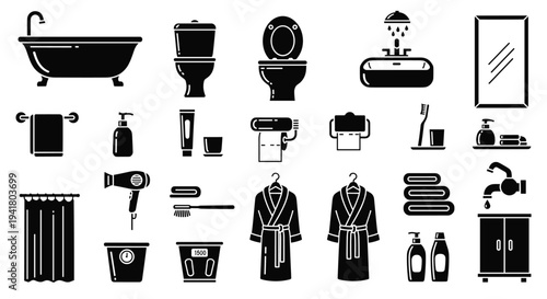 A collection of black and white bathroom icons on a clean white background