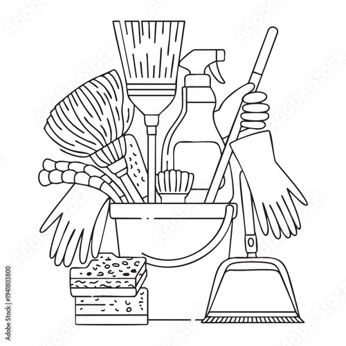 Cleaning supplies including gloves sponge brushes and dustpan in a bucket