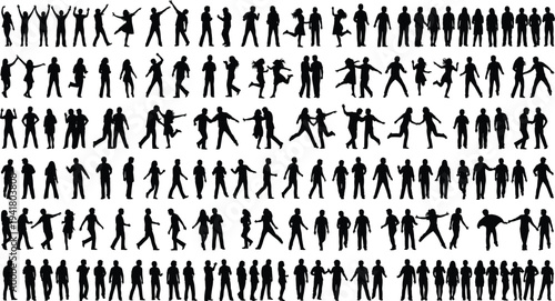 People silhouettes mega collection, men women and kids walking standing dancing poses set, human shadow figures isolated illustration bundle