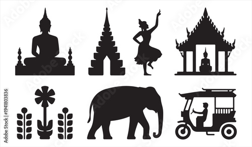 Thailand travel and culture silhouettes with temple Buddha elephant and tuk tuk icons