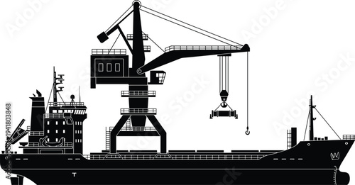 Black silhouette vector illustration of cargo ship with crane system highlighting maritime logistics, heavy cargo handling, shipping industry, and vessel design