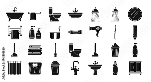 A collection of black and white bathroom icons on a clean white background