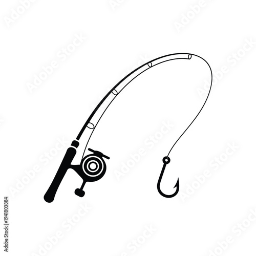 Simple black and white illustration of a fishing rod with hook and reel