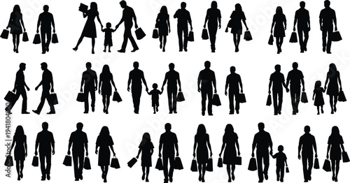 Shopping people silhouettes collection, family and couples carrying bags, retail customer characters walking, consumer lifestyle concept isolated on white background