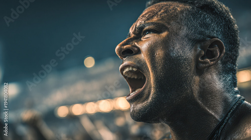 A close-up of a man shouting passionately, beads of sweat on his face, with a blurred stadium crowd in the background.