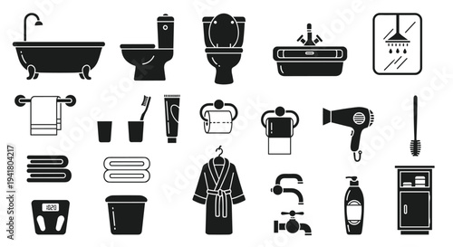 A collection of black and white bathroom icons on a clean white background