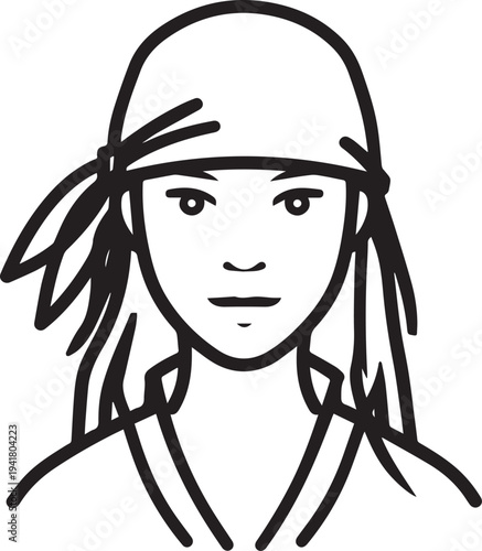 Hand Drawn Woman Pirate Black and White Avatar Illustration in Minimal Line Art Style Design
