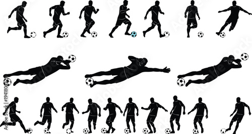 Soccer player silhouettes collection, football players dribbling kicking and goalkeeper diving poses, sport action figures isolated on white background illustration