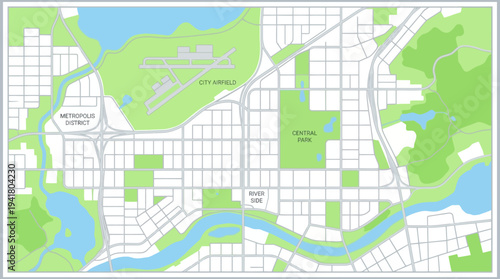 Stylized City Map Illustration with Metropolis District, Central Park, and River Side Labels in Flat Design