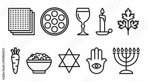 Collection of Jewish symbols and objects arranged in a grid, representing traditions and faith, simple line art illustrations, white background, symbolic representations