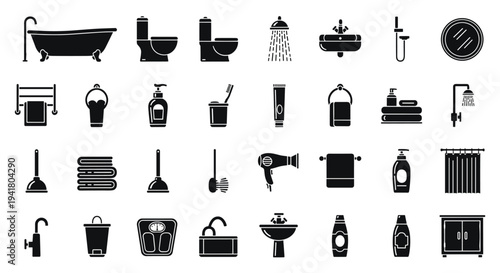 A collection of black and white bathroom icons on a clean white background