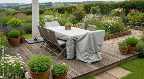 Outdoor dining set covered on wooden deck in a flourishing garden setting
