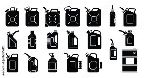 A collection of black and white icons depicting various oil cans and containers