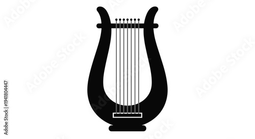 A black silhouette of a lyre with strings and tuning pegs, Generative AI.