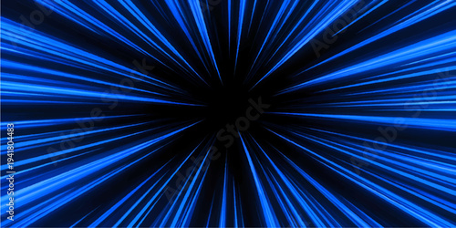 A bright abstract blue background featuring a glowing star burst with fractal laser rays and energy beams creates a dynamic space design pattern with a shining light explosion backdrop