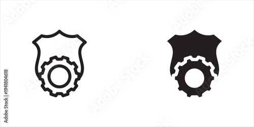 Black single shield with gear line and black icon, simple gear settings protection flat design illustration, infographic, vector pictogram, app logo, web button, UI UX interface element