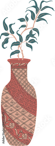 Elegant traditional Asian vase and branches with leaves, vector brown porcelain clay tableware, vintage oriental pottery