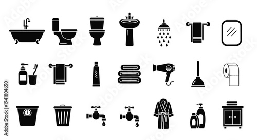 A collection of black and white bathroom icons on a clean white background