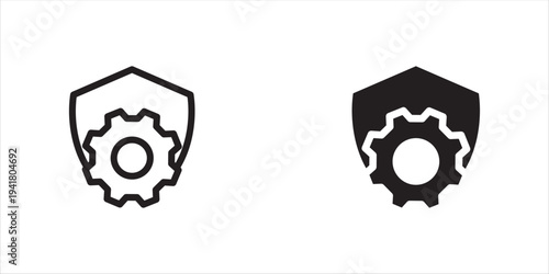 Black single shield with gear line and black icon, simple gear settings protection flat design illustration, infographic, vector pictogram, app logo, web button, UI UX interface element