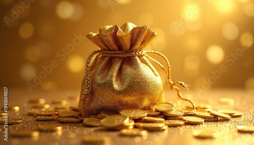 Golden bag full of coins on glitter surface. Shiny treasure pouch spills wealth and fortune onto sparkling gold background. Rich prize bounty concept.
