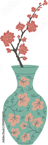 Elegant traditional Asian vase with Sakura branch or cherry tree, vector vintage oriental pottery with floral ornaments