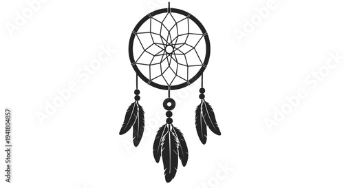 Black dreamcatcher with feathers bohemian spiritual symbol, Generative AI.