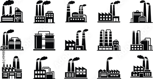 Black silhouette vector illustration set of industrial factories with smokestacks, manufacturing plants, production facilities, and urban industry structures 