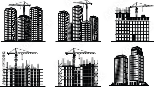 Black silhouette vector illustration set of urban buildings and construction scenes with cranes, scaffolding, frameworks, and architectural development stages