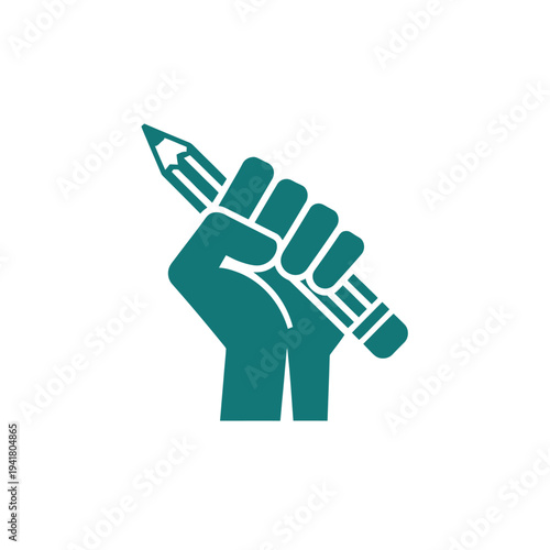 A teal colored illustration of a hand firmly grasping a pencil