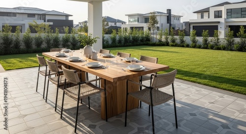 Outdoor dining table set in a well maintained backyard with green lawn