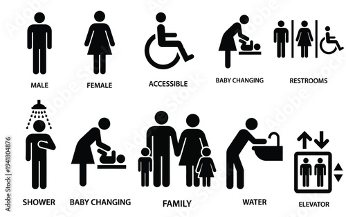 Public restroom and facility sign icon set including accessible elevator baby changing and family symbols